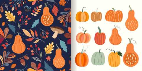 Wall Mural - Autumn  Thanksgiving set with seamless pattern and pumpkins collection 