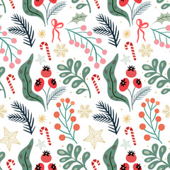 Wall Mural - Christmas seamless pattern  with festive design, gift paper, floral winter background, wallpaper