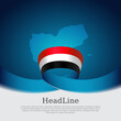 Yemen flag, mosaic map on blue white background. Wavy ribbon with the yemen flag. Vector banner design, national poster. Business booklet. State yemeni patriotic flyer, brochure