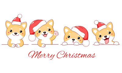 Canvas Print - Christmas set of cute shiba inu dog. Borders with kawaii shiba inu puppy in Santa hats. Xmas collection of dogs with different emotion - funny, happy, surprised, sticking out tongue. Vector EPS8