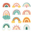 Abstract drawing rainbows. Different rainbow, flat shapes unusual pretty childish objects. Scandinavian minimal style decor, pastel classy vector set