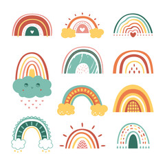 Wall Mural - Abstract drawing rainbows. Different rainbow, flat shapes unusual pretty childish objects. Scandinavian minimal style decor, pastel classy vector set