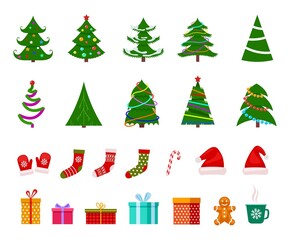 Sticker - Isolated christmas flat elements. Xmas baubles, new year decoration. Vintage toys, gift boxes and socks. Decorative holiday exact vector green tree icons