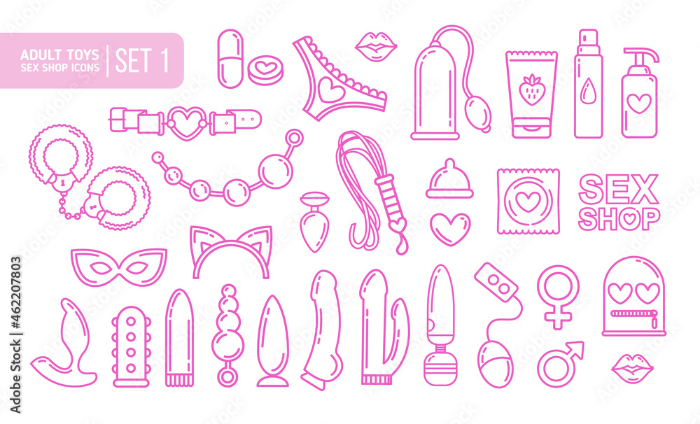 Adult shop items and sex toys in the linear flat style. Adult store logo  with BDSM roleplay icon set. Vector illustration on white background Stock  Vector | Adobe Stock