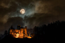 Bran Castle, Transylvania, Romania. Medieval Building, Dracula's Castle. Mystical Night Landscape.