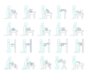 Wall Mural - Line Icon set of Electric machine tools used in production in various types of industry.  Pictograms representing people doing jobs with power electric hand tools.