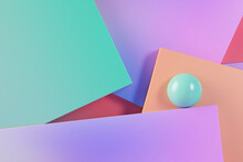 Three Dimensional Render Of Green Sphere Balancing Against Pastel Colored Rectangles