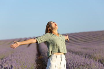 Wall Mural - Woman screaming and spreading in a lavender field