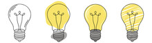 Lightbulb Icons In Doodle. Idea Light Bulb Set In Sketch. Hand Drawn Icons