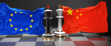 EU Europe China Summit, Fight Or A Stand Off Between Those Two Countries That Aims At Solving Political Issues, Symbolized By A Chess Game With National Flags, 3d Illustration