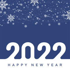 2022 Happy New Year card with falling snowflakes on blue sky. Vector