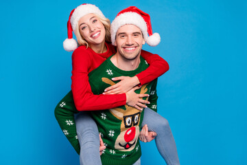 Sticker - Photo portrait couple smiling together embracing piggyback isolated pastel blue color background