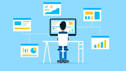 Wall Mural - computer work. business data analyst. office worker. remote work. flat style. vector illustration