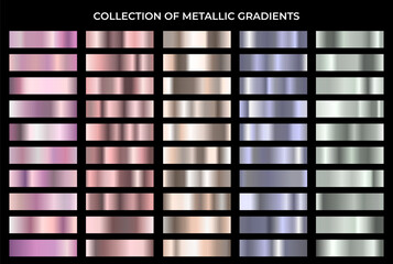 Metallic gradient big set. Shiny metal texture gradation background collection. Elegant, shiny and bright pastel color vector gradient background. Big collection of metal gradation background.