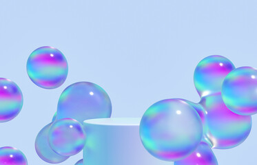 Poster - Fashion beauty backdrop with product stand and glossy water bubbles. 3d rendering.