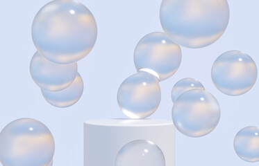 Poster - Fashion beauty backdrop with product stand and glossy water bubbles. 3d rendering.