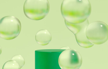 Poster - Fashion beauty backdrop with product stand and glossy water bubbles. 3d rendering.