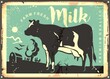 Farm fresh milk vintage sign design. Vintage cow graphic, countryside landscape and barn silhouette. Organic milk vector advertisement.