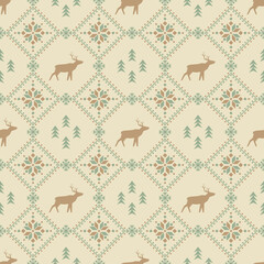 Wall Mural - Vector seamless pattern with stylized spruces reindeers and snowflakes. Light ornate geometric background in scandinavian style for fabric, wrapping paper, packaging and wallpaper