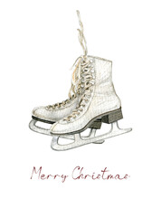 Vintage Christmas White Ice Skates,watercolor  Sketes,winter Holiday Essentials,rustic Ice Skates Decor ,traditional Xmas