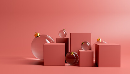 product stand with christmas balls around