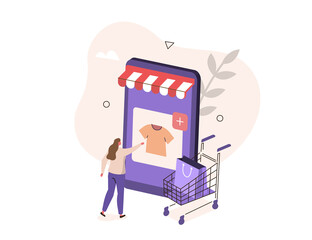 Character buying goods online on internet marketplace. Woman shopping online in mobile app. Shopping and retail concept. Flat isometric vector illustration.