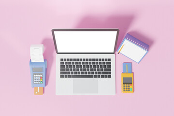 Laptop notebook mockup top view Card payment POS terminal. bill Money transactions calendar check Correctness for online payments shopping concept on pink pastel background. 3d rendering.