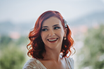 Sticker - Portrait of a smiling red-haired Caucasian bride