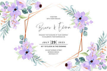 Wedding invitation card with purple flower watercolor