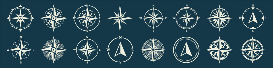 Vintage marine wind rose, nautical chart. Monochrome navigational compass with cardinal directions of North, East, South, West. Geographical position, cartography and navigation. Vector illustration.