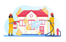 Firefighter Characters Concept. Women In Protective Suits Extinguish Fire In House With Water And Foam. Dangerous Noble Profession. Cartoon Flat Vector Illustration Isolated On White Background