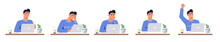 Set Of Emotions. Man Works At Laptop. Programmer Celebrating Success At Work, Success. Tired And Successful Worker, Close To Deadline. Cartoon Flat Vector Illustration Isolated On White Background
