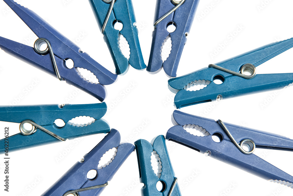 Frame made of clothespins on white background, closeup