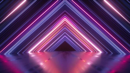 Wall Mural - looping 3d animation, abstract neon background with glowing lines, triangular shape