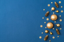Christmas Holiday Banner Background With Copyspace. Flat Lay Frame With Christmas Balls And Decorations On A Blue Background