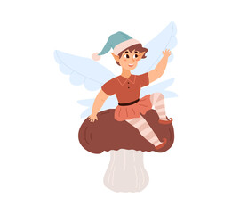 Wall Mural - Fairy pixie boy or elf sitting on mushroom, flat vector illustration isolated.