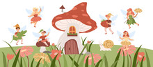 Fairy Landscape With Pixies Flying Around Mushroom Shaped House, Cartoon Vector Illustration.