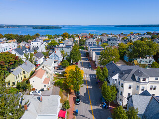 Wall Mural - Munjoy Hill historic residence community close up aerial view in Portland, Maine ME, USA. 