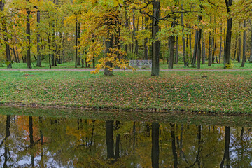 look through the canal at a beautiful metal bench in the autumn park in the suburbs of St. Petersburg, Russia