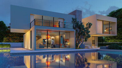 Wall Mural - Big contemporary white villa with pool and garden in the evening