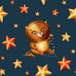 Amazing chritmas seamless pattern with little tiger cub and bright red and gold stars on dark blue background. Symbol of chinese new year 2022.