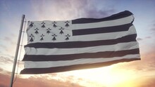 Brittany Flag, France, Waving In The Wind, Sky And Sun Background. 3d Rendering