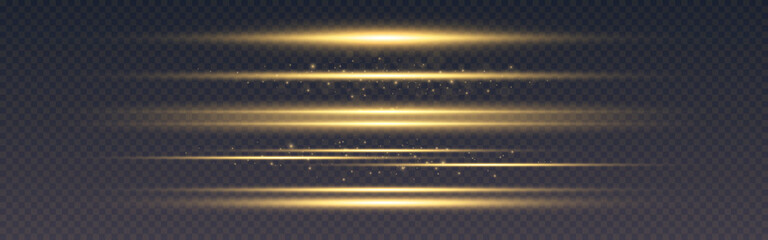 Poster - Glow lines collection. Magic gold beams. Light effect set. Luxury flash templates. Horizontal flares. Sparkling shapes for poster or website. Vector illustration