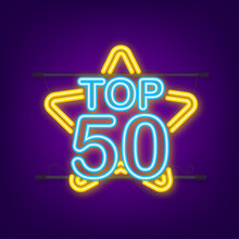 Top 50 - Top Ten Gold With Blue Neon Label On Black Background. Vector Illustration