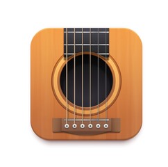 Aufkleber - Guitar music app interface vector icon with acoustic guitar musical instrument, strings, neck, sound hole and bridge. Isolated 3d square button of mobile or web application ui or gui design