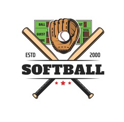 Sticker - Softball sport icon, baseball club team badge and league game vector emblem. Softball or baseball equipment glove, ball and bats for sport championship or varsity tournament