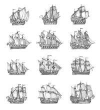 Vintage Pirate Sail Ships And Sailboats. Medieval Caravel, Frigate Vessel Sketches. Ancient Geographical Map Element, Treasure Hunt And Nautical Travel Adventure Engraved Vector Icons With Galleons