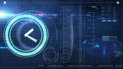 Animation of clock moving fast and data processing on screen