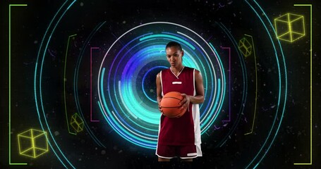 Sticker - Animation of african american female basketball player over scope scanning on black background