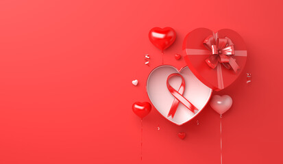 Wall Mural - Aids Awareness, World Aids Day concept with red ribbon heart shape, gift box, copy space text, 3d rendering illustration